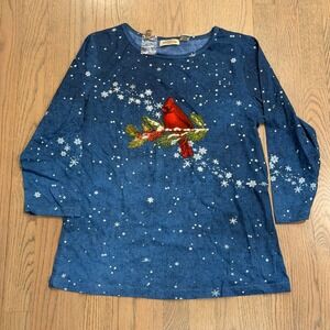 Collections Etc Blue Cardinal Snowflake Long Sleeve Top Women's Size Medium
